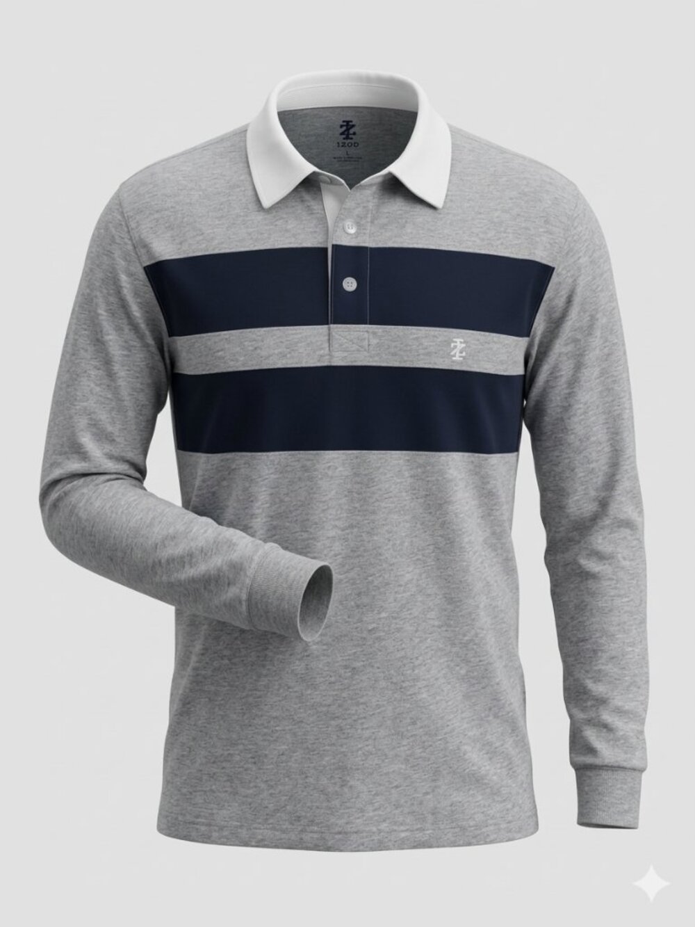 IZOD Varsity Rugby Shirt Mens Large Gray Navy Stripe Long Sleeve Cotton